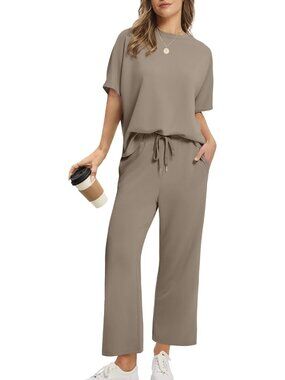 Women's Coffee Two Piece Summer Outfits Oversized Wide Leg Crop Pants Lounge Set